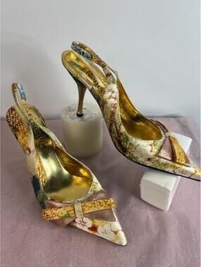 J Renee Floral Jacquard Slingback Heels 7.5 Pointed Toe Bow Pumps 4” Heel EUC